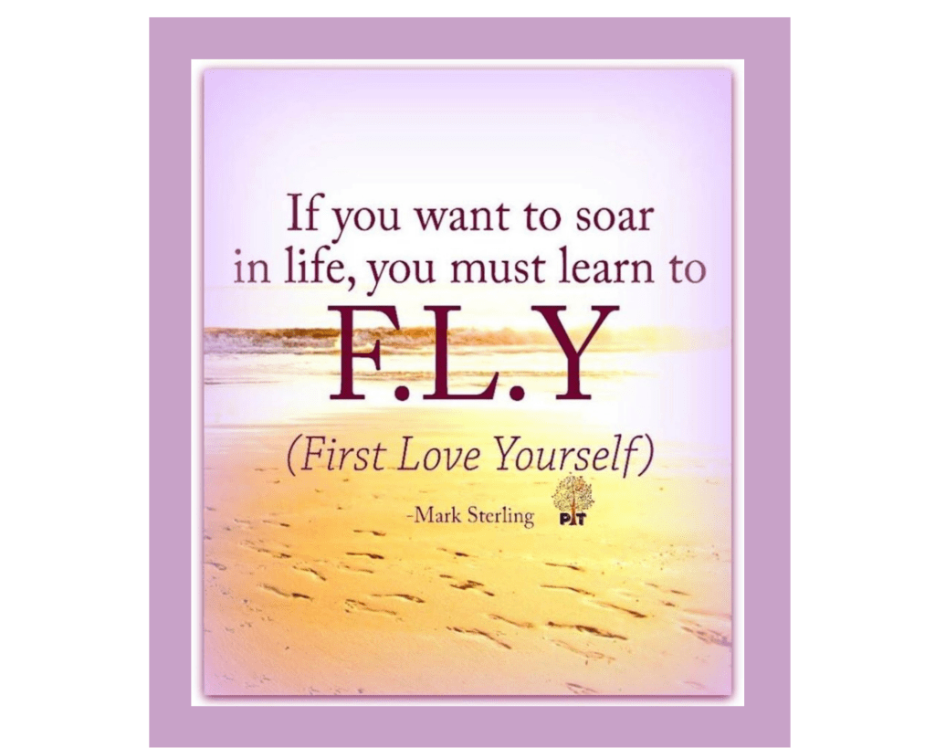 The source is credited as "Spiritual Energy Healing." There is a light purple background behind an image of a sandy beach with footprints. The plum-colored serif text says, "If you want to soar in life, you must learn to F.L.Y [sic] (First Love Yourself)." -Mark Sterling