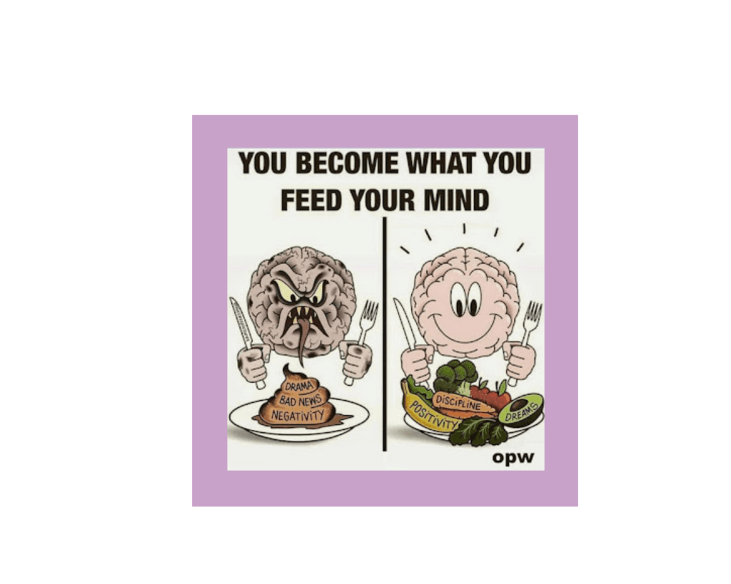 [A cartoon image of two pink cartoon brains with faces and floating hands. There is a black line between the two brains to separate them. The brain on the left is grotesque and scary, with angry eyes and a frowning, open mouth that reveals pointed teeth and a long pointy tongue. The brain and its floating hands are covered with either spots of dirt or bruises. The floating hands are clutching a knife and a fork, and the brain itself is hovering over a plate of what appears to be a pile of excrement (although the illustrator held off of making it too visually unpleasant so that the pile is more like the poop emoji or a swirl of chocolate soft serve ice cream). The poo has the words "Drama, Bad News, Negativity" written on it. The brain on the right is clean and happy, with a big smile on its face and excitement lines coming out of its head. The position is the same - clutching the eating utensils and hovering over a plate - but the plate is full of fresh produce: apples, broccoli, and lettuce, as well as a banana that says "Positivity," a carrot that says "Discipline," and an avocado that says "Dreams." The slogan, in black impact font at the top, reads, "You become what you feed your mind." It has the letters "opw" at the bottom, presumably for an organization but I can't determine what organization it is, and the bad brain's knife has a copyright for "successpictures" running down the blade.