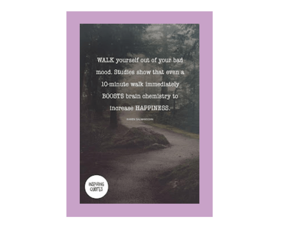  The background image is a muted-filtered dark photo of a winding asphalt walking path through a foggy wooded area. The white serif font reads, "WALK yourself out of your bad mood. Studies show that even a 10-minute walk immediately BOOSTS brain chemistry to increase happiness." -Karen Salmansohn." The macro itself is attributed to "Inspiring Quotes."