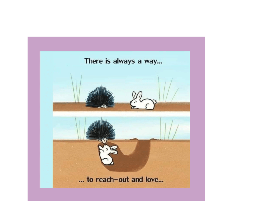 A two-panel cartoon. The top panel features a porcupine curled up into a spiky ball on the left, and a concerned-looking white bunny rabbit on the right. The bottom panel shows that the rabbit has dug a tunnel underground and is meeting the porcupine nose-to-nose, from underground, because the porcupine is still in a ball with its face pointing down. The black san-serif text says "There is always a way..." at the top and "...to reach out and love..." on the bottom." The original creation source was not included in the screenshot.