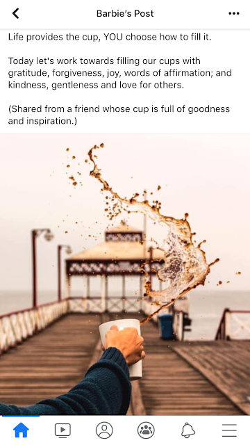 Screenshots of a short story along with an accompanying image, which is a point-of-view photo of a hand holding a coffee cup that is dramatically spilling its coffee. The coffee drinker appears to have been walking along a wooden pier. 

The story is transcribed in the post below. 